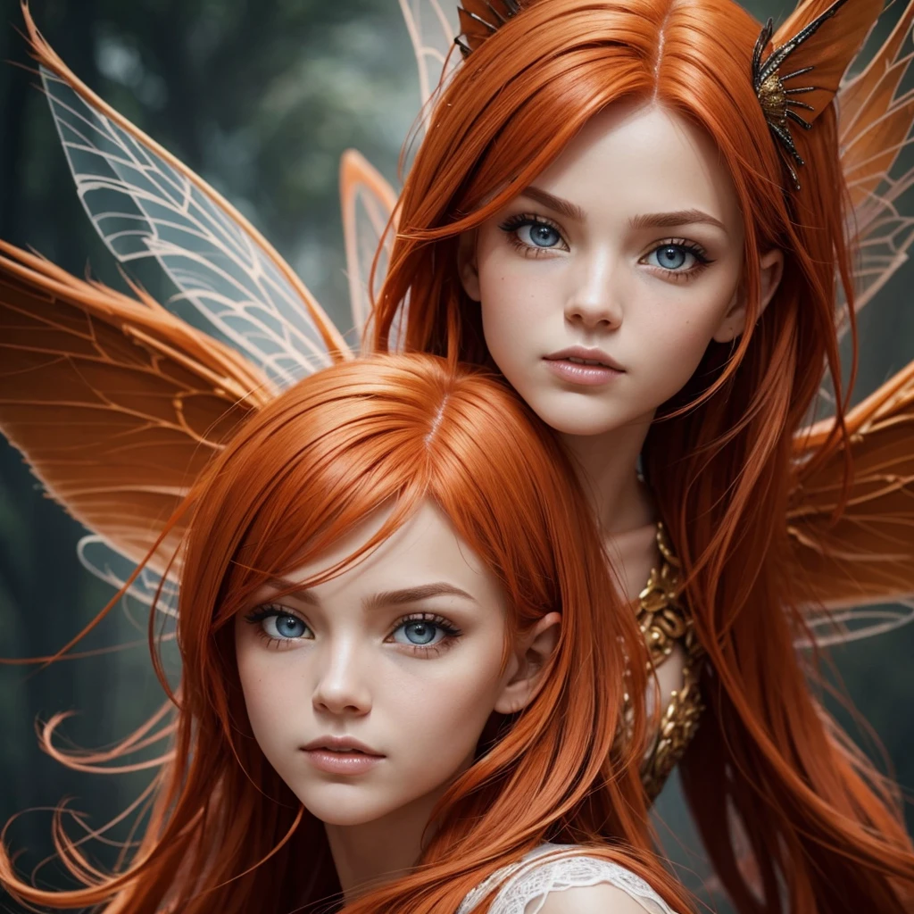 Create an extreme close-up portrait of a Flame Fairy with a focus solely on the face. The fairy should have vibrant red or orange hair and intense, fiery eyes. The expression should be confident and slightly fierce. Ensure the background is highly blurred, so that only the facial features and hair are sharply in focus. Avoid including the wings or any other background elements that might pull attention away from the face.”