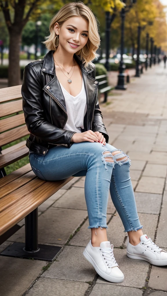 Super Resolution、Beautiful Russian Women、Full body photo、sitting on a park bench、Short Haircut、Blonde Hair、Wavy Hair、Ear piercing、necklace、leather jacket、shirt、Skinny jeans、sneakers、smile、Beautiful teeth alignment