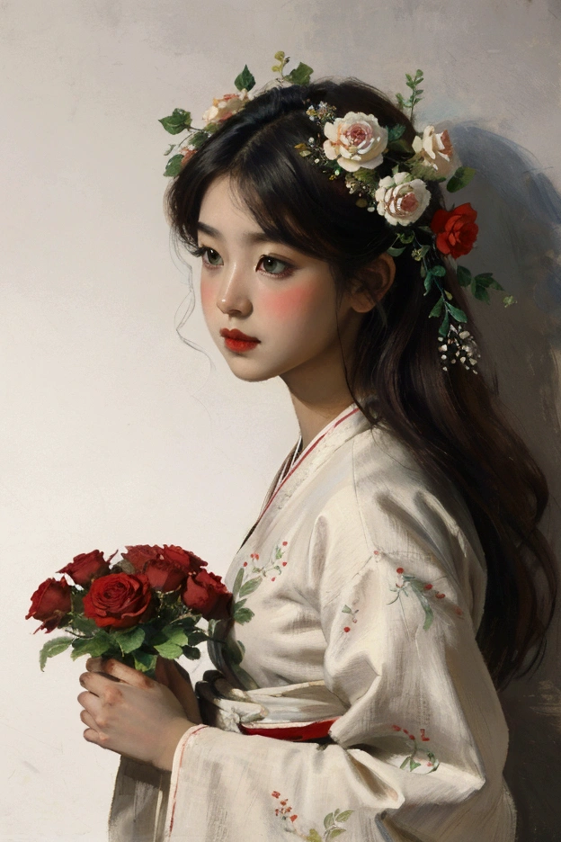 A painting，Woman holding flowers in the painting，A beautiful artistic illustration, Flower-faced girl, Girl with a wreath on her head, Lovely art style, Beautiful digital illustrations, Girl wearing Hanfu,  Color illustrations，Clean white background