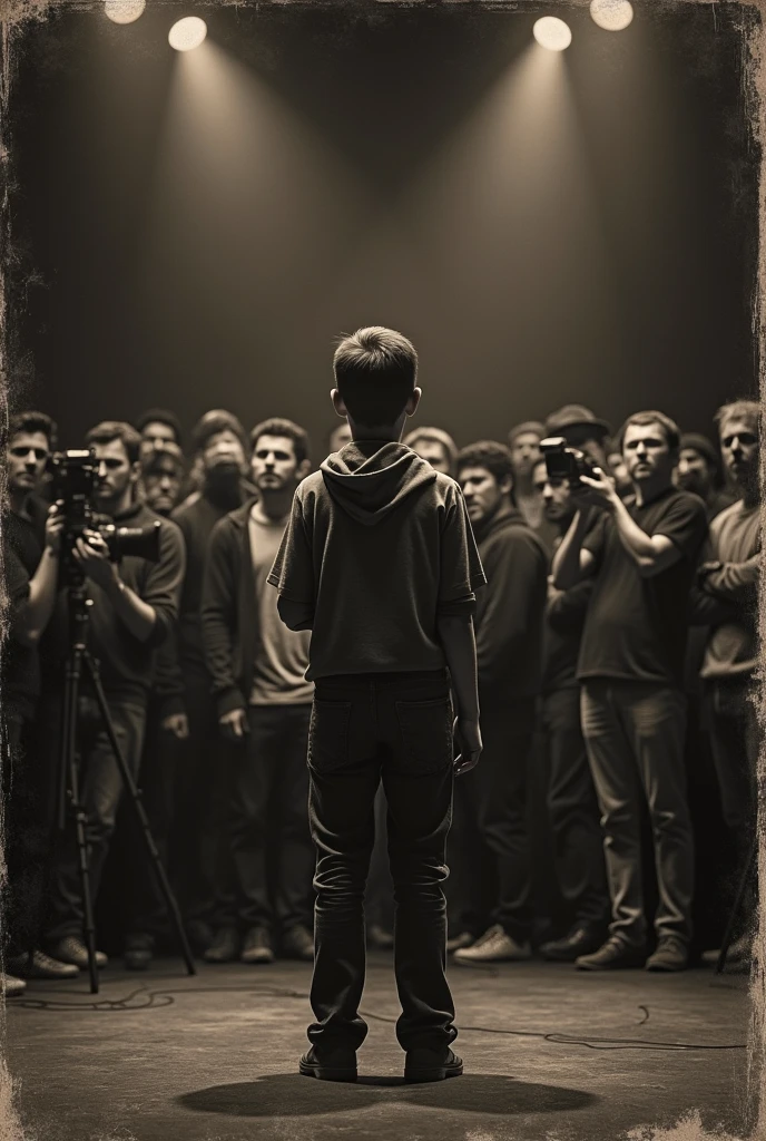 A mature boy speeching his some word by standing in a stage in front of reporter with camera mans. The photo should be a scratch