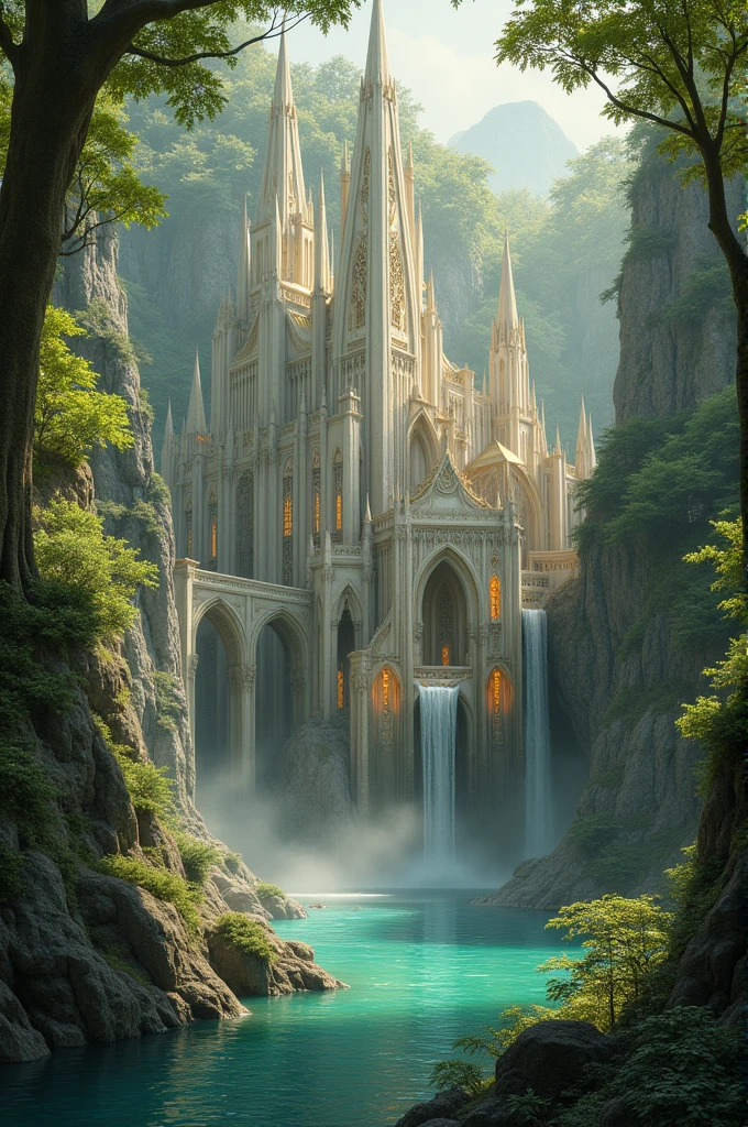 To design the perfect castle for Galadriel, The Lady of Lothlórien, It is essential to capture the essence of your connection with nature, their ancestral wisdom, and his elven power. The design should reflect the grace and beauty of the Elves., while integrating magical and natural elements that characterize his kingdom in Lothlórien. The castle must be a mystical sanctuary that harmonizes with the surroundings, radiating a serenity that reflects Galadriel's character.
### **Galadriel Castle Design**
#### **1. Location**
- **Located in an enchanted forest**, similar to the Golden Forest of Lothlórien, surrounded by giant mallorn trees, whose golden leaves shine even in the dark. The castle is partially raised among the tops of these trees, giving the sensation of floating over the forest.
- **Surrounded by a crystal clear lake** whose waters reflect the light of the stars and the moon, creating a magical and peaceful atmosphere. the lake, fed by nearby waterfalls, symbolizes Galadriel's purity and spiritual connection to the elements.
#### **2. Exterior Architecture**
- **Built in harmony with nature**, The castle does not impose itself on the surroundings, but is integrated into it. The exterior walls are made of white stone, similar to that of Minas Tirith, but lighter and ethereal, with golden veins that shine in the light.
- **Slender, curved towers** that rise as natural extensions of the trees. These towers are adorned with intricate Elvish carvings that tell stories of the Elves., from the creation of Arda to the fight against Sauron.
- **Ethereal gateways**, made of white mallorn wood, decorated with golden vines and precisely engraved elven symbols. The doors seem to be part of the forest itself., giving the impression that the castle emerges from nature.
#### **3. Patios and Gardens**
- **Hanging gardens** between the treetops, full of elven flowers that