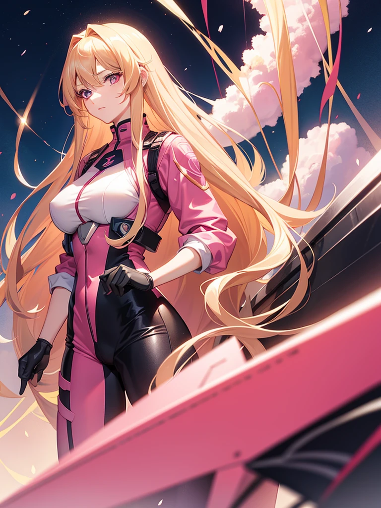 Adult woman, pink eyes, long blonde hair, lucus clyde mobile suit clothes,