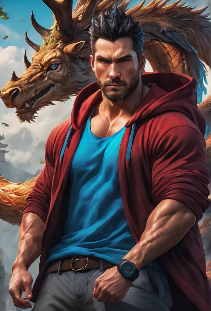 A brawny male demihuman dragon with a muscular build, wearing a hoodie, have a deer-like horn, few scales, (((Japanese dragon))), detailed face, fantasy art, digital painting, cinematic lighting, vibrant colors, dramatic atmosphere, hyper detailed, 8k, photorealistic