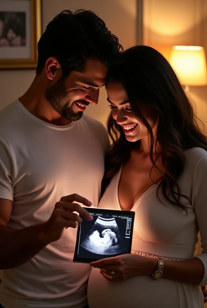 Make a picture of Henry Cavill and Negin Mirsalehi, looking at a photo of twelve week old twins (ultrasound