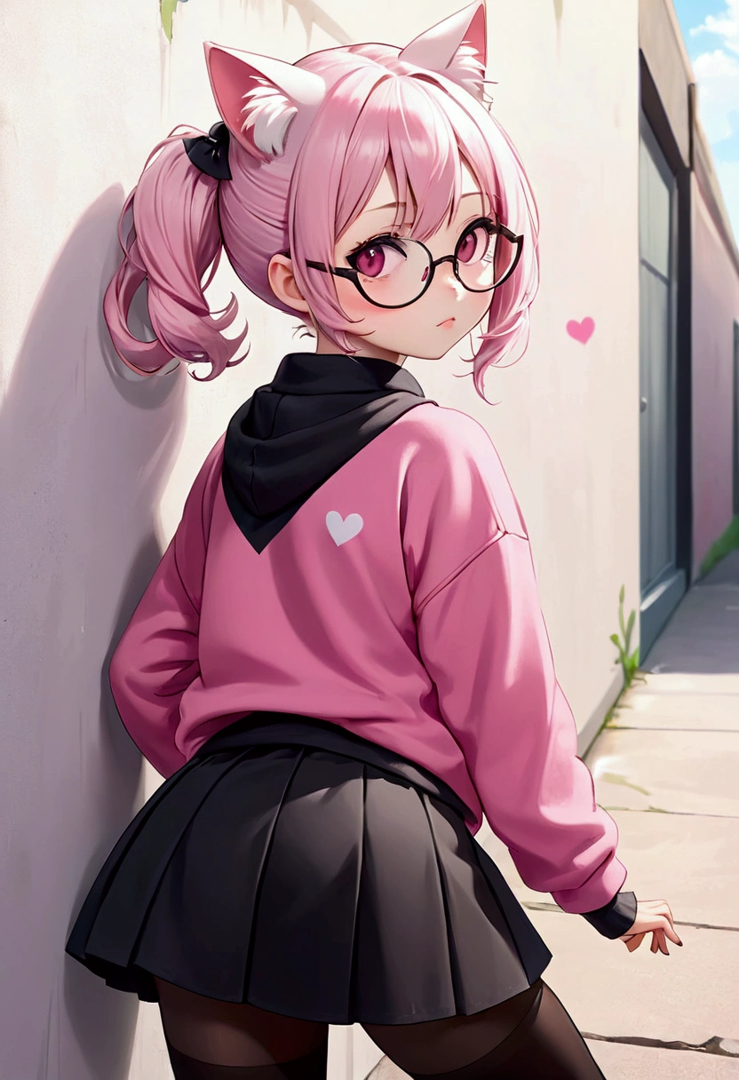 I have white pink hair, cat ears, a bun, my face is super blushing, black glasses, pink heart eyes, a big pink sweatshirt, a black skirt, black stockings, white shoes, a cat's tail, a girl. very shy that she is glued to a wall with her butt