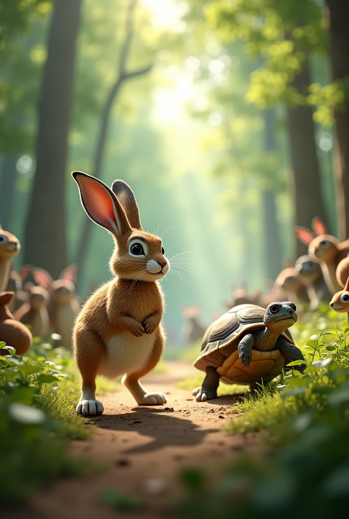 The Race Begins: A lively forest scene with animals gathered to watch as a confident hare and a determined tortoise prepare to start their race. The hare is crouched, ready to sprint, while the tortoise moves slowly but steadily.