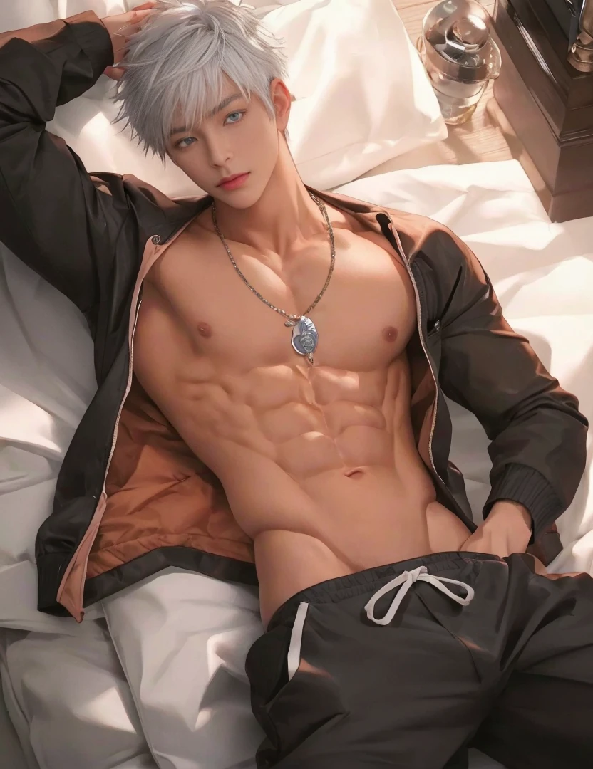 1 male, handsome Japanese male model, high resolution 4k, adult, perfect face, detailed eyes and face, muscular, white eyebrow hair, white eyelashes, Naked torso, Detailed face, perfect face, real skin texture, detail Perfect hand, details, Real and complete hand details, unreal engine, hd picture, satoru gojo, Jujutsu kaisen, white hair, short hair ,hair between eyes ,blue eyes, white skin, Open jacket, Necklace