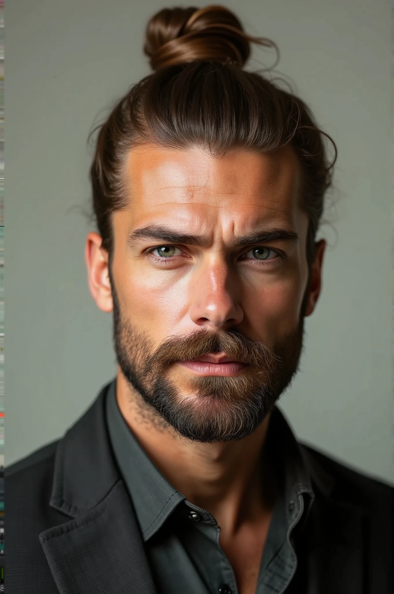 Tall man, skin fair, Light brown bun hair, clean eyes, Prominent nose, big mouth,
sem beard, Italian descent