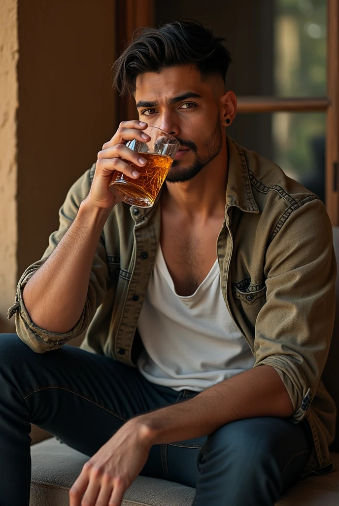 Tall and Stout Chico, strong at 1.92 meters. Casual oversized style.,with Puerto Rican roots ,with a short goatee and a bit of a handsome mustache and brown eyes with a seductive look sitting upright and with his legs crossed on a piece of furniture while drinking rum,Aged 16-19 years with a medium taper fade haircut, short hair.