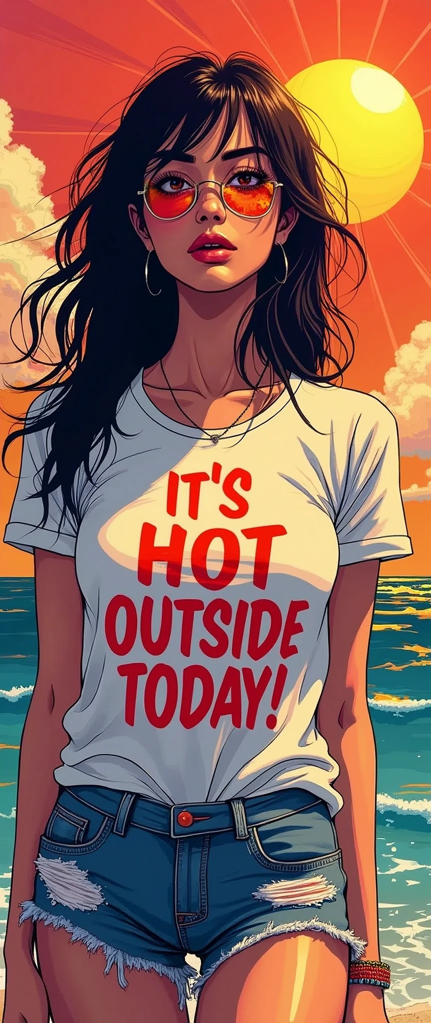 masterpiece,An illustration,A woman wearing a pop T-shirt,Japanese,(Facial sweat:2.0),psychedelic,Neon Art,Layered textures,Vector art,(For T-shirts"It's hot outside today!"The words are written:2.0),(Big Breasts:2.0),(sexy:2.0),(The background is the hot summer sun:2.0)