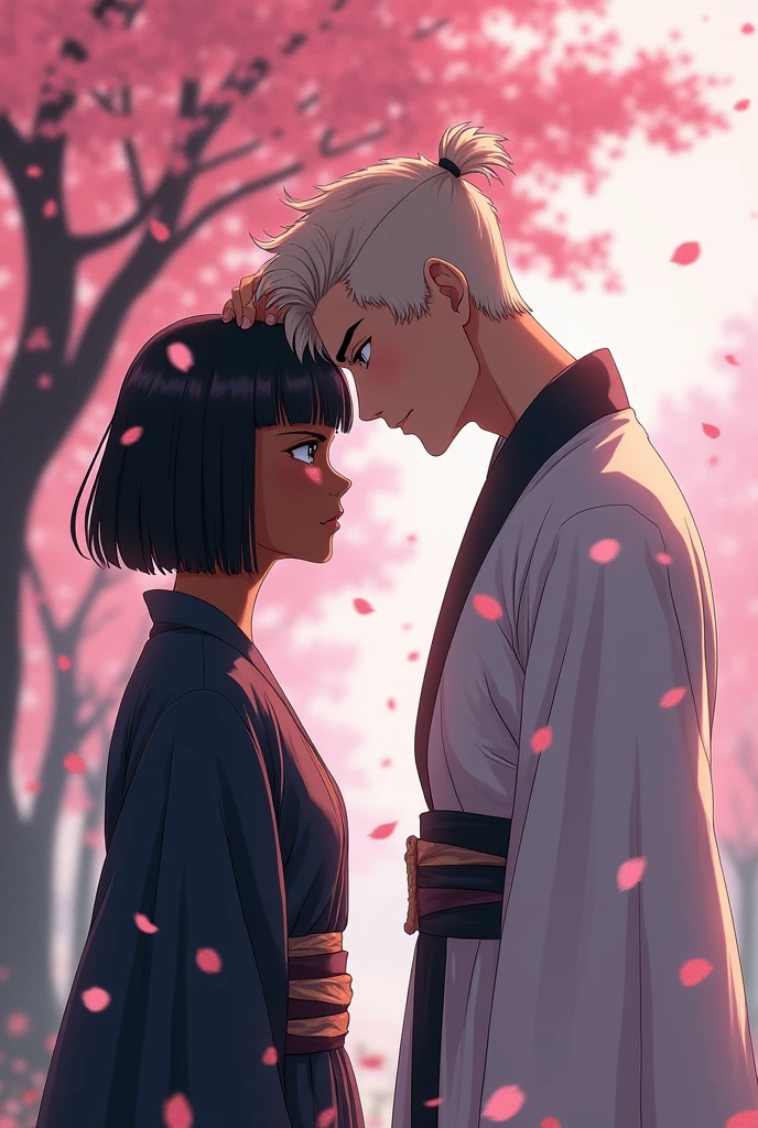 A young black woman aged 18, dark skin and short straight hair, wearing a traditional outfit inspired by the Hashiras, is serious and standing, looking at gojo from jujutsu kaiser. He wears his traditional uniform, is smiling at her, and places a gentle hand on the young woman's head. They are under a cherry tree in full bloom, with petals falling around.