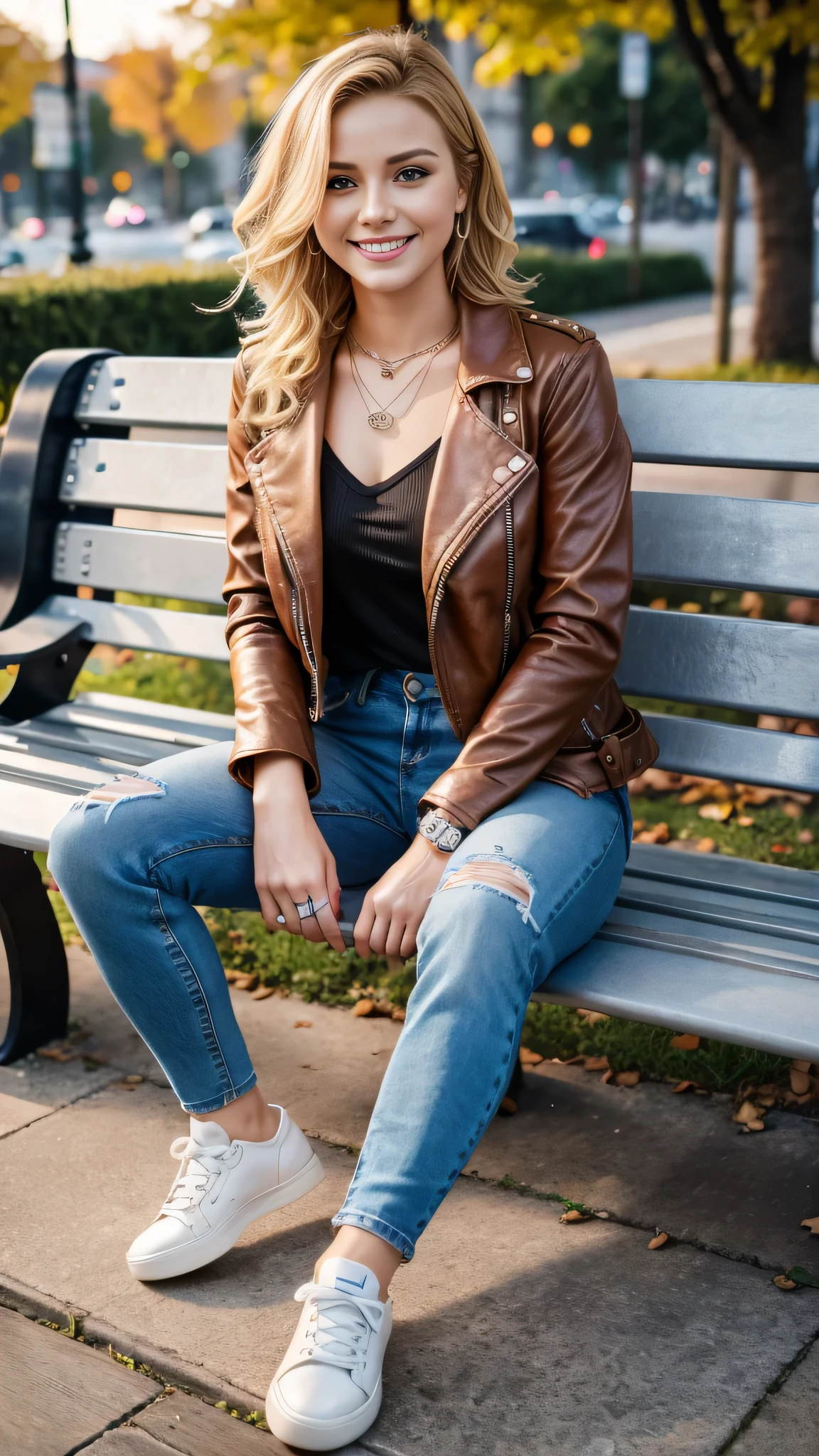 Super Resolution、Beautiful Russian Women、Full body photo、sitting on a park bench、Short Haircut、Blonde Hair、Wavy Hair、Ear piercing、necklace、leather jacket、shirt、Skinny jeans、sneakers、smile、Beautiful teeth alignment
