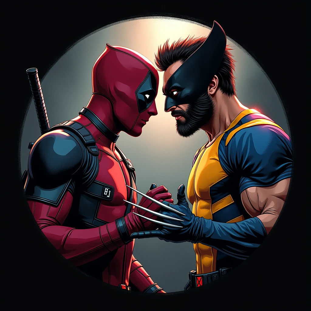 Design circular, t-shirt designer, 2d ilustration , epic fullcolored, realistic, cinematographic,dark blackground, deadpool and wolverine