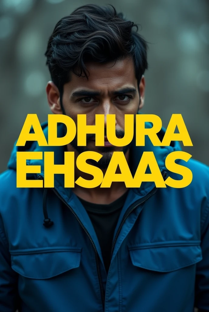 Subject: Place an image of a man with dark hair and a blue jacket in the center. Ensure his face is clearly visible and expressive.
Text: Add the text "ADHURA SA EHSAAS" in large, bold yellow letters. Position it prominently across the center of the image.
Final Touches: Adjust lighting and contrast to enhance the dramatic atmosphere.