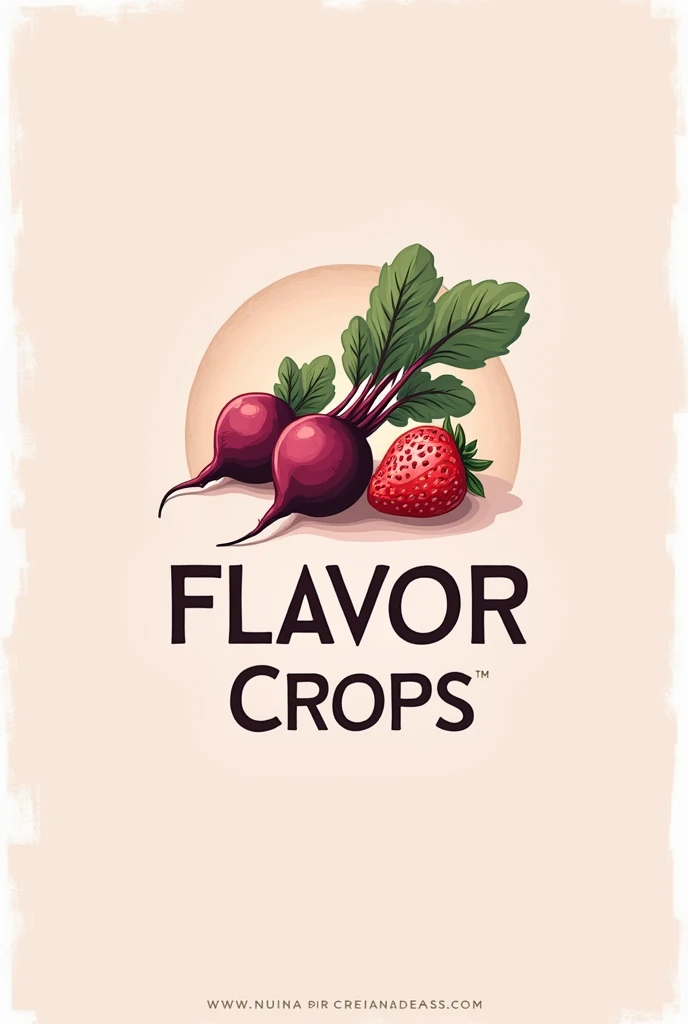 Logo of a handmade Greek yogurt business with strawberry beet jelly with the name of "FLAVOR CROPS" in Spanish with pastel and matte colors, with drawings of beetroot and strawberry, Just an algo 