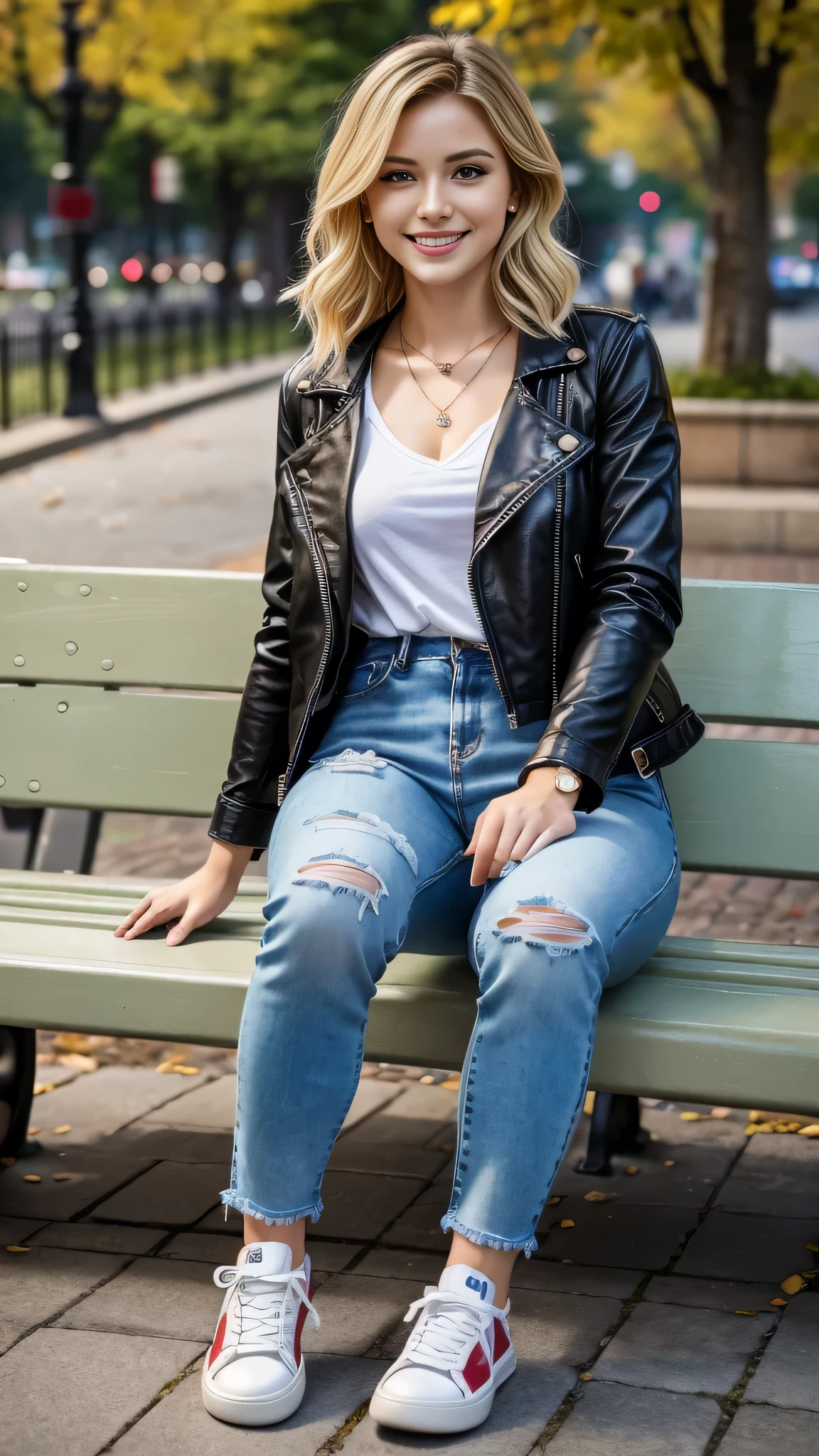 Super Resolution、Beautiful Russian Women、Full body photo、sitting on a park bench、Short Haircut、Blonde Hair、Wavy Hair、Ear piercing、necklace、leather jacket、shirt、Skinny jeans、sneakers、smile、Beautiful teeth alignment