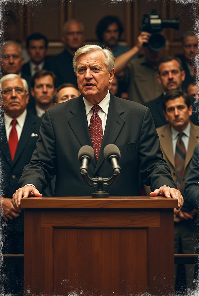 A mature man speeching his some word by standing in a stage in front of reporter with camera mans. The photo should be a scratch 
