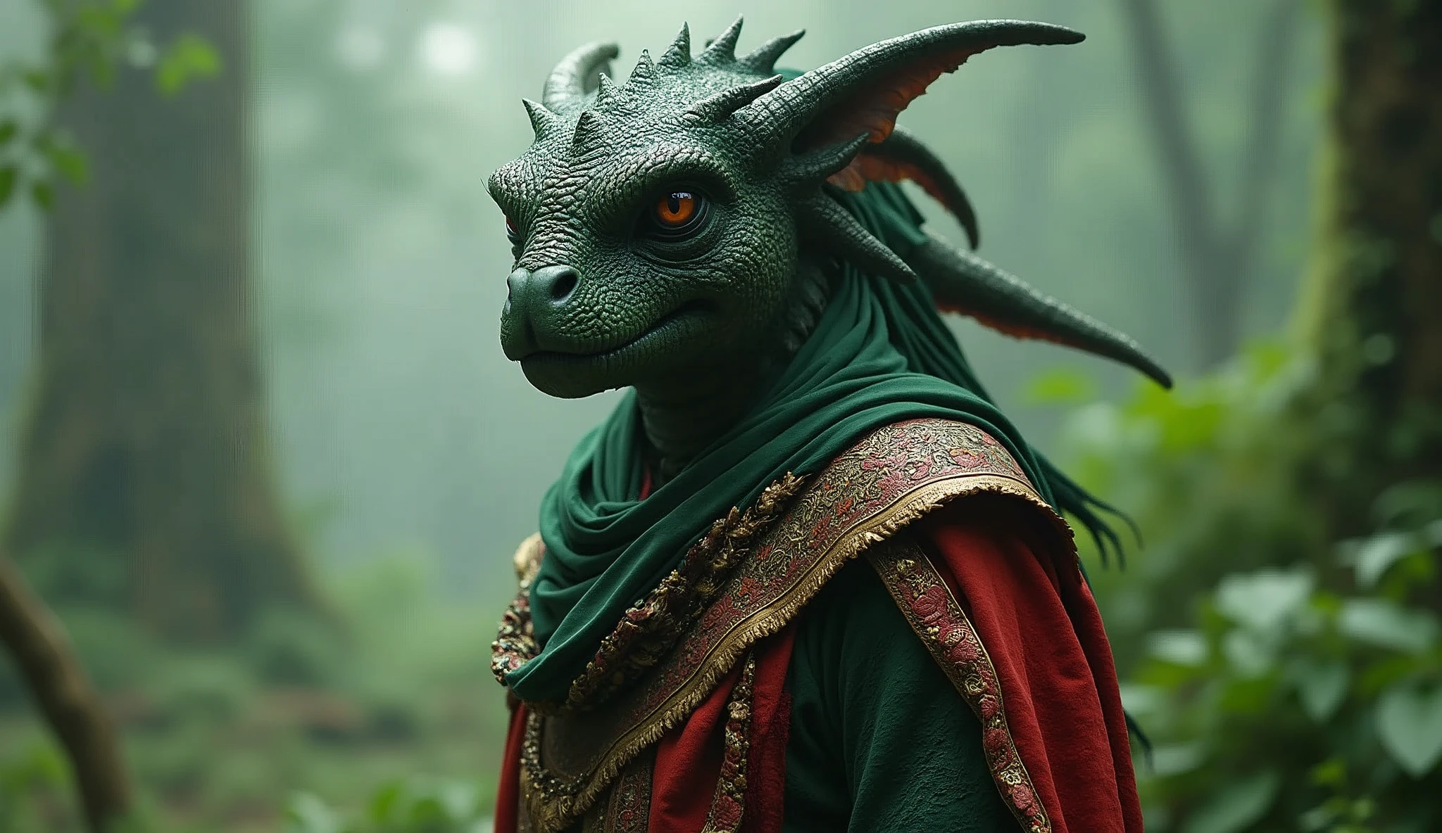 Bangladesh as a bengali League of Legend creature in dark green and red colors. Intricated clothing. Cinematic Fantasy sci-fi landscape background