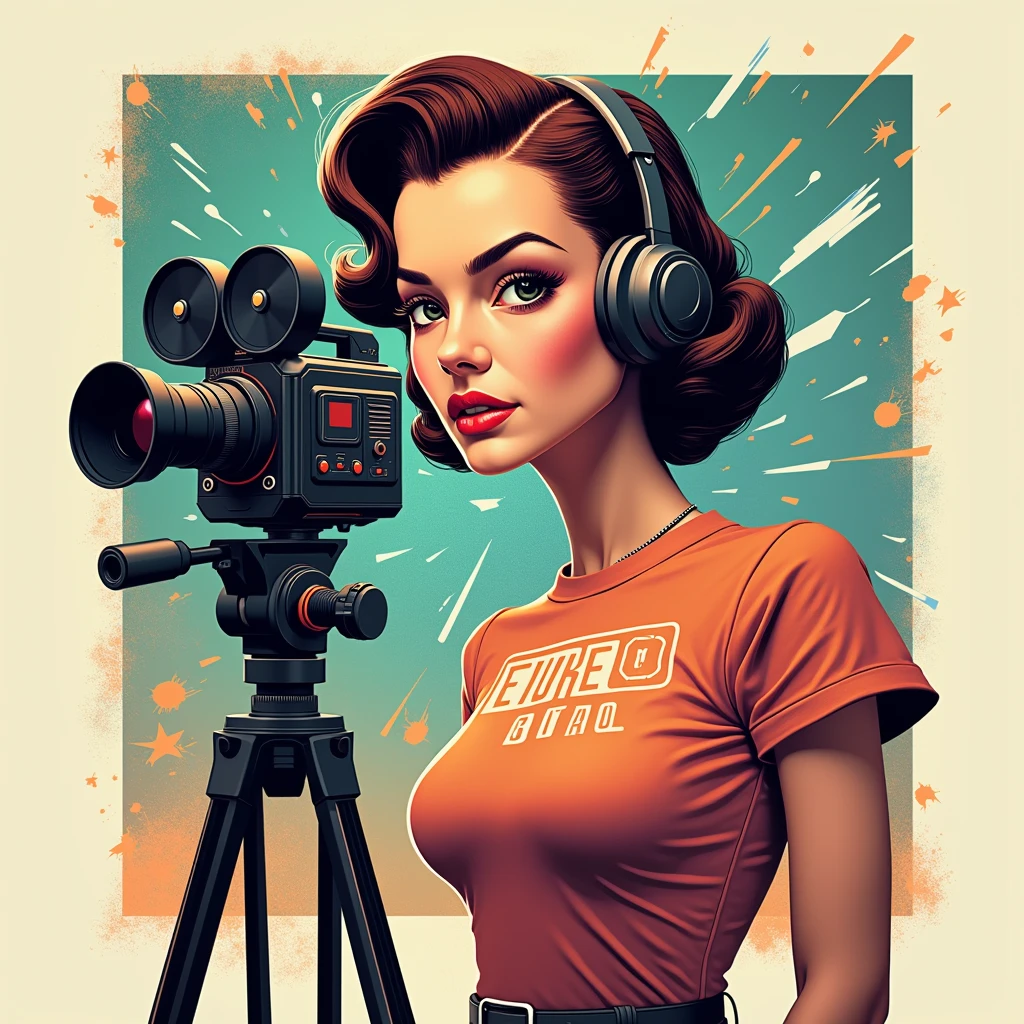 a "now" hall, with several people gathered together, retro futuristic style, cinematographic camera. 50s style female face sci-fi movie t-shirt printing vector, 60s old movie style image, image with white background, highlighting the stylized image of space films from the 50s and its look