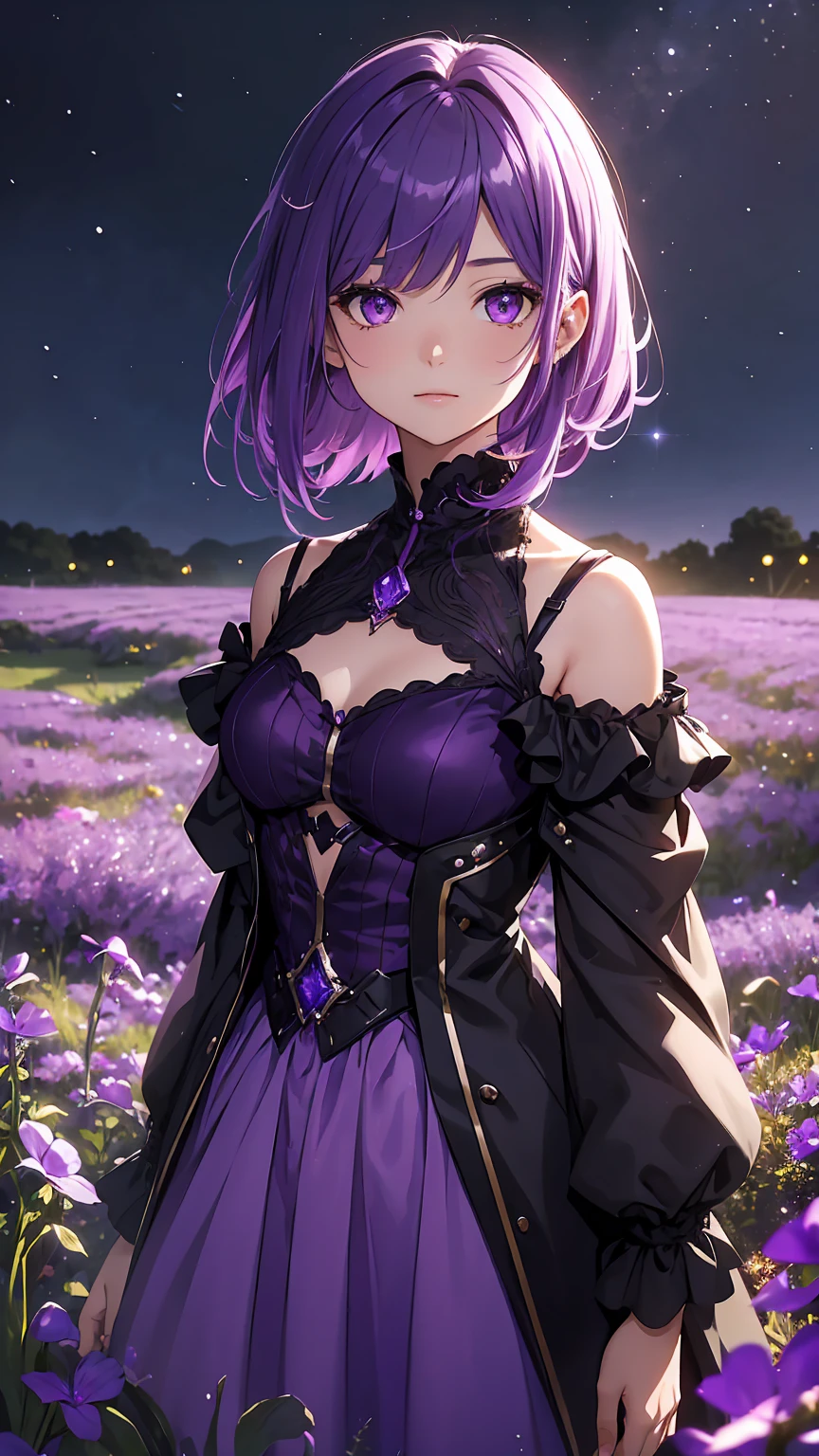 Girl1,bright purple eyes,purple hair,hair above shoulder,short purple dress with embellishment,shiny and glowing dress,standing in a field of bright violets in the dark,fireflies,soft light,dramatic scene,night,best quality,high detail,very detailed,high quality background