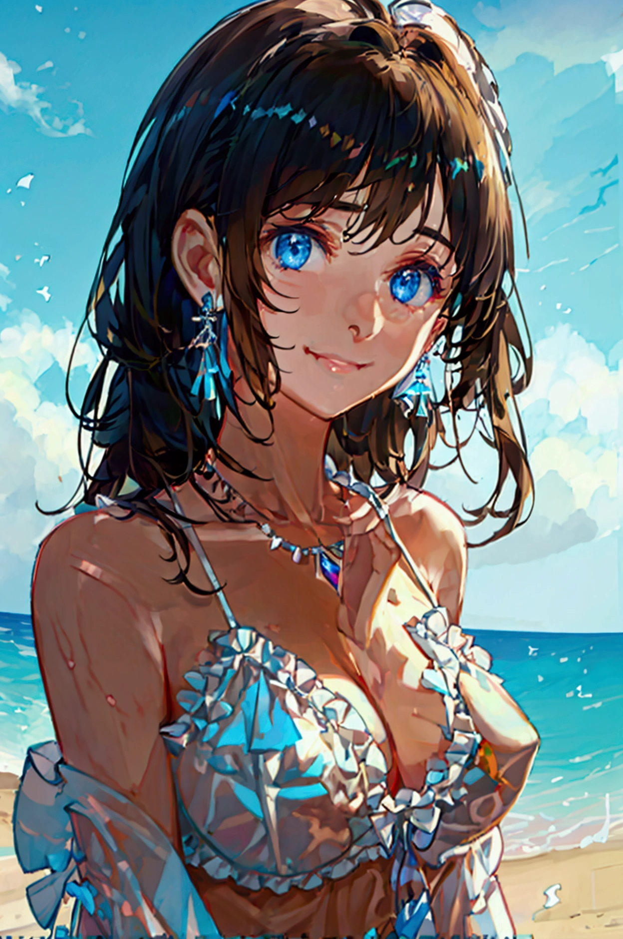 (((girl kawaii))), (a Very delicate and beautiful girl), ((Ultra-fine illustrations)), (Very delicate and beautiful), charactera girl, Raise your hand, Wet, girl, age girl, Flowing Hair, (High Ponytail), (Long dark brown hair), Beautiful and fine hair, Very beautiful and detailed anime faces and eyes, (smile), Intricate details、Beautiful and delicate eyes, Bright Eyes, Open your mouth, Cleavage, Pale blue eyes, Light Skin, Frills, Hair Ribbon, Earrings, Gemstone Necklace, bracelet, (White Bikini), cardigan, Wet clothes, Open Court, White clothes, (Beach), (blue sky), sunlight, Backlight, Highly detailed light, ((Absurd)), (((wallpaper 8k CG))), masterpiece,