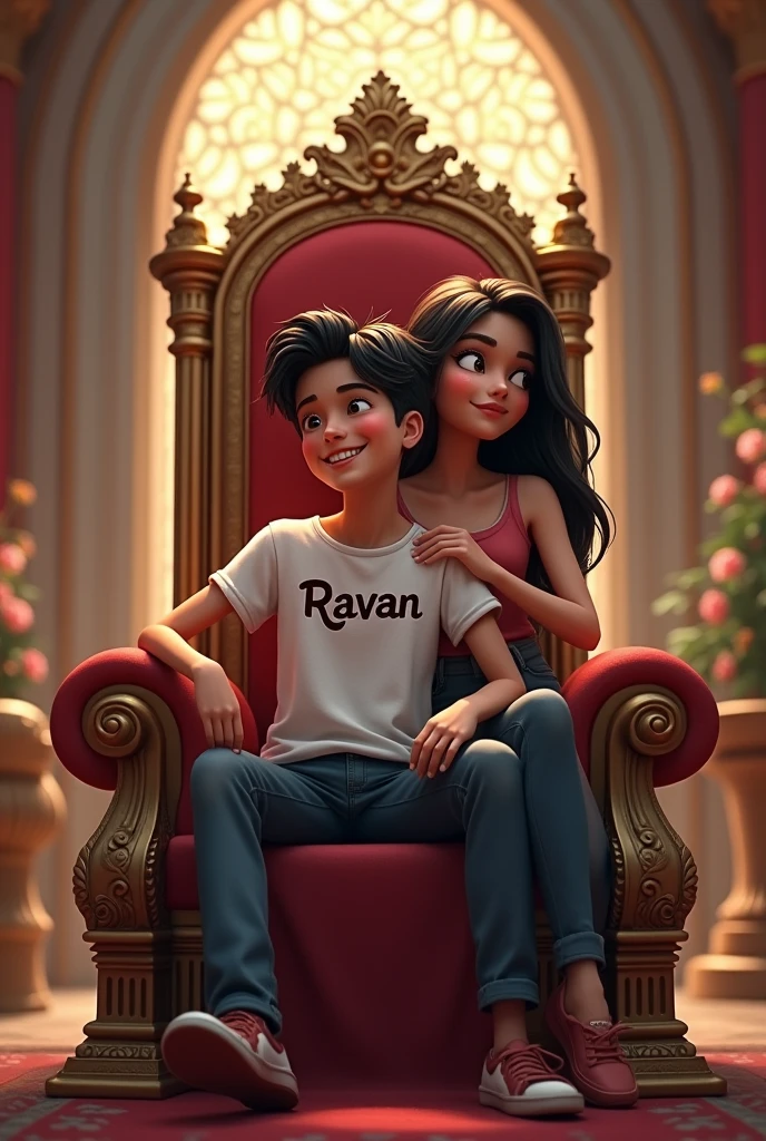 A boy sit on king chair boy t shirt name is Ravan and boy with gf . Name is annu