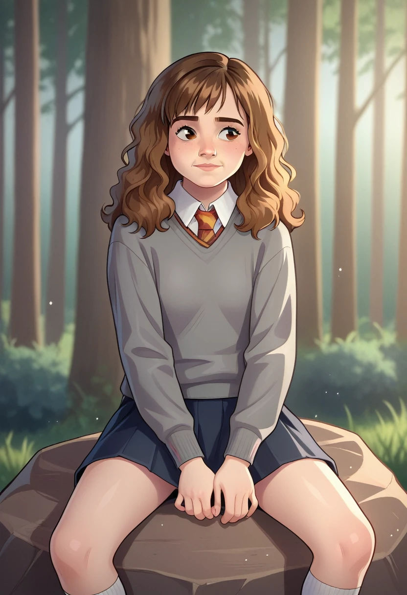 score_9_up, BREAK, HERMIONEGRANGER, 1girl, solo,  brown hair, medium hair, brown eyes, hogwarts school uniform, grey sweater, skirt, depth of field,   outdoors, sitting on rock,