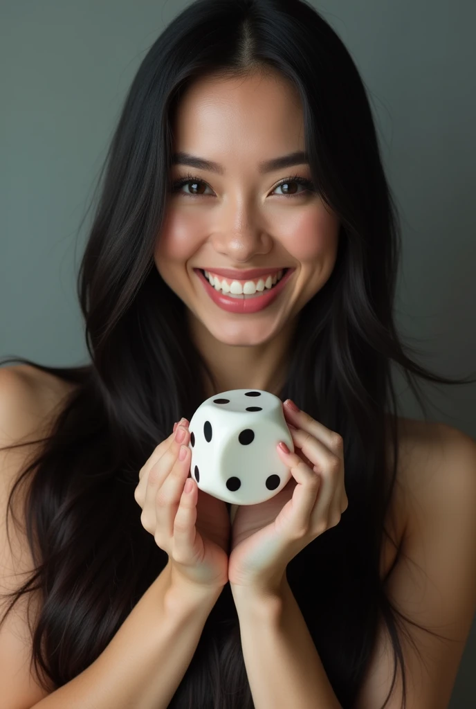 Beautiful woman with long straight black hair winking and holding a large dice in her hands showing it to the front
