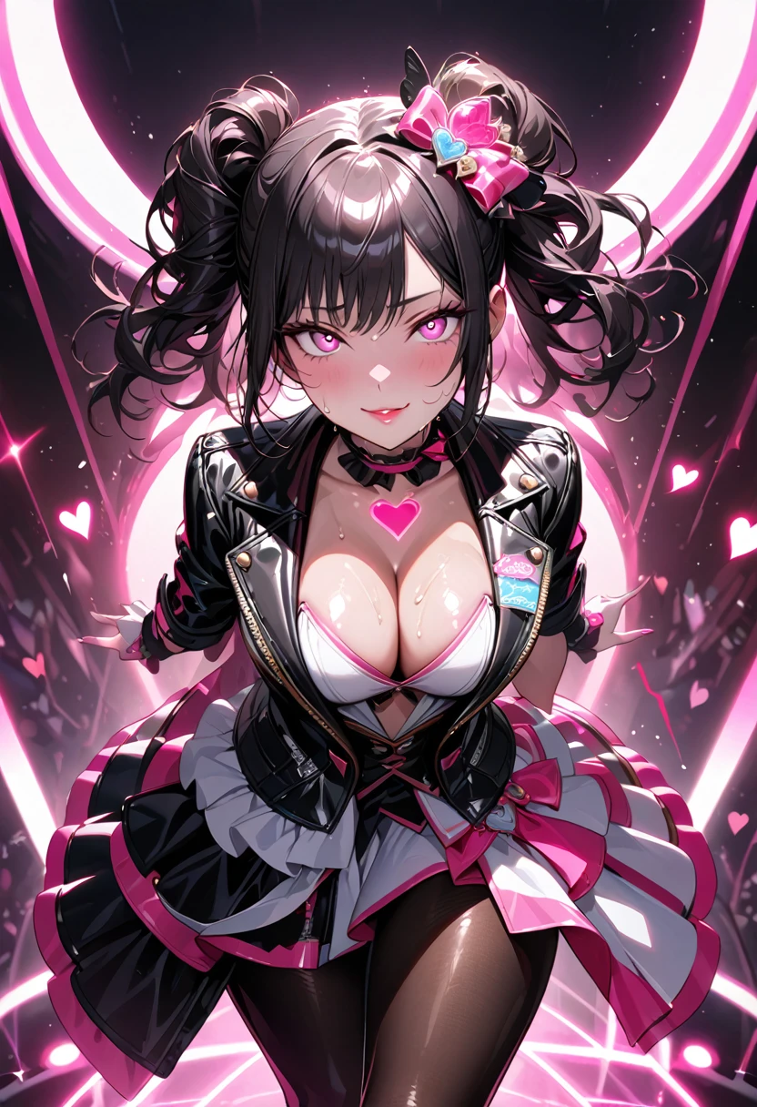 A young and beautiful person,(Highest quality,Extremely detailed depiction,Incredibly absurd high resolution,Anatomically accurate depiction,Nice hands, Perfect Fingers,Curvy Legs),(Glowing Skin,Shiny skin),(Sexy Idol),(Cute idol costume in white and pink,Black Leather Jacket:1.3,Cute hairstyle,pantyhose,Choker of Hearts,boots,),eyelash,(Bright pink eyes,There is cleavage in the chest,A seductive smile,Glossy Lips,Seductive gestures),Sweat,whole body