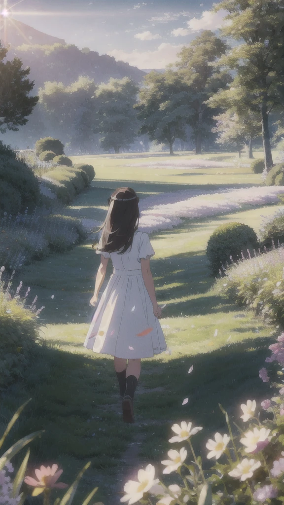 masterpiece, top quality, 16:9 aspect ratio,
a boy and a girl, hand in hand, walking path,
meadow, blooming flowers, animated fairy-tale atmosphere,
warm sunlight filtering through leaves,
gentle breeze swaying petals,
butterflies flitting around,
rabbit peeking out from bushes,
birds singing harmoniously,
sky dotted with puffy white clouds,
sun setting beyond horizon, casting warm glow.