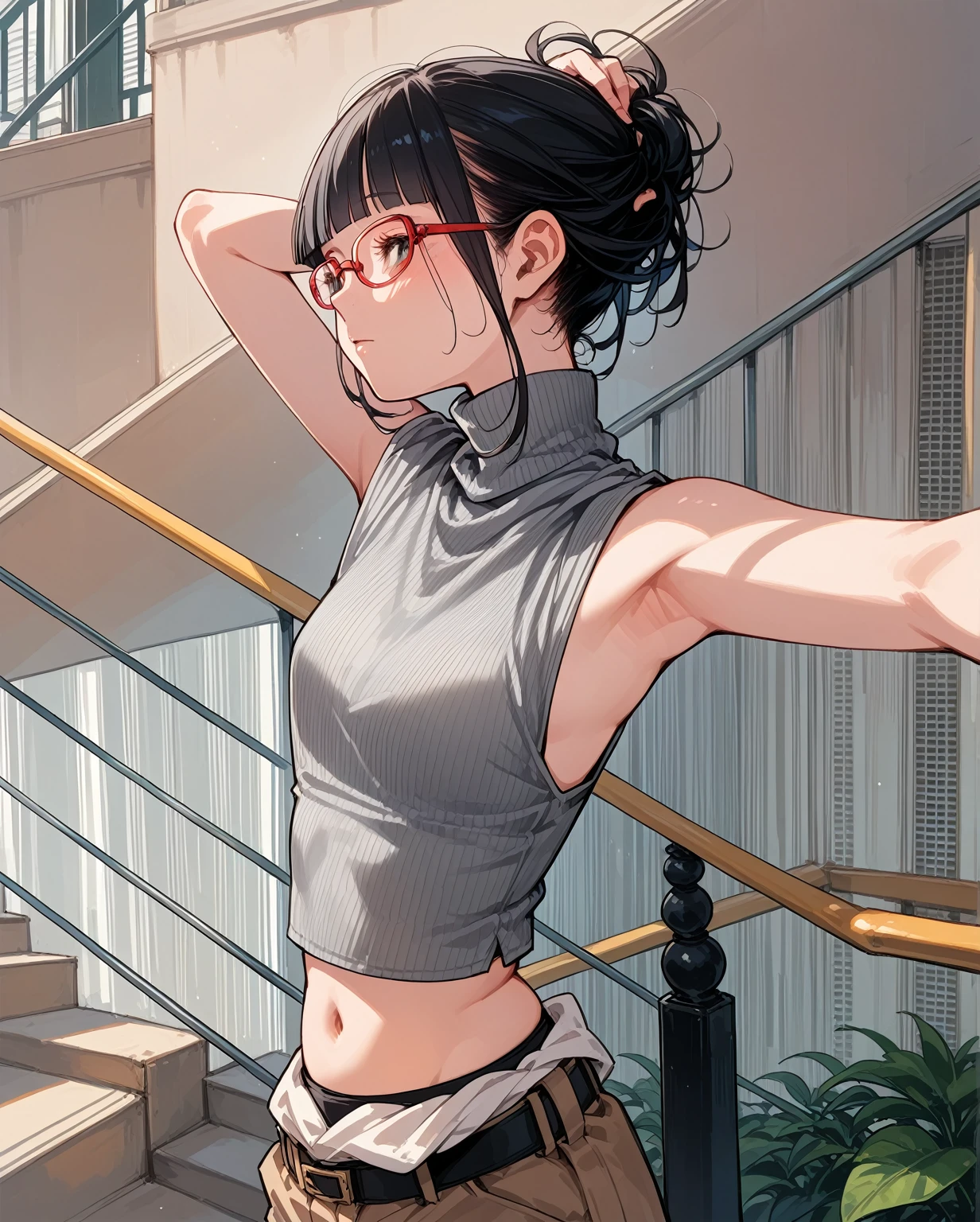 Flat Chest,Focus on your audience,Extremely thin body,Anime Style,Slender figure,delicate,Glasses,Asian woman in grey top and black pants posing on stairs, Sleeveless turtleneck, セクシーなWearing a crop top, Photo of slim girl model, Chiho, T-Top, shikamimi, Wearing a crop top, Real life anime girls, Kurohime cut hair, Shashi, 2 4-year-old female model