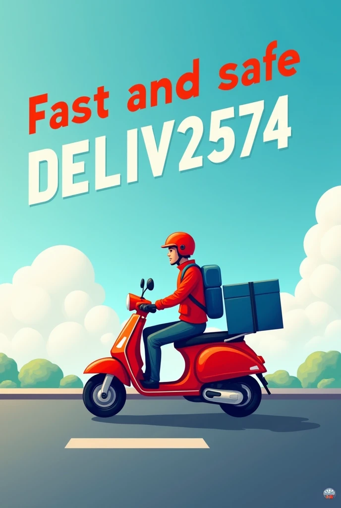 A delivery on a red motorcycle,with a simple helmet,with a blue backpack, and which has the phone number 9662-2574 in large, and in the sky the legend appears: Fast and safe deliveries.