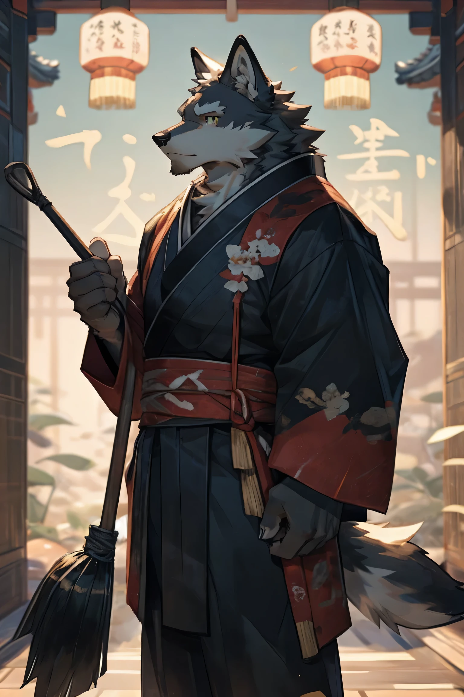 best quality，8k，The clearest，Highest resolution，Male gray wolf［Son：0.6］，表情fatigue［fatigue：0.7］，Body［Short stature：0.6］，Wearing Dark green Hanfu［Dark green Hanfu；0.8］，Wearing Black Hanfu trousers［Black Hanfu trousers：0.9］，Holding a broom in hand，fatigue的坐在庭院里，Close up