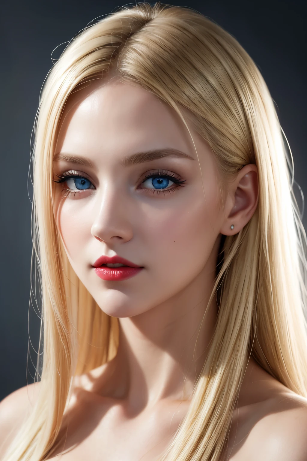 1 girl, face only, blonde hair, long hair, blue eyes, (detailed eyes), (beautiful detailed face:1.0), (realistic), single focus, single background, female focus, Portrait, (masterpiece:1.0), (best quality:1.0), (8k wallpaper:1.0), red lips, perfect nose,