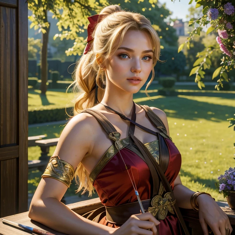 (masterpiece, best quality:1.5), highest quality, High resolution, super detailed, Realists, Upper body photo of a blonde archer, detailed and beautiful eyes, beautiful detailed lips, very detailed eyes and face, longeyelashes, Archer in shiny red satin dress, Simple details in the fabric. Beautiful and colorful makeup, ponytail hairstyle, Gardens as background, bright daylight, bright colors, fine brushstrokes, Portrait style, beautiful color palette, glowing skin, First-class rendering, that captures every detail, enchanting atmosphere, (perfect anatomy:1.2), (The stunning archer holds a bow. (magnificent panorama view:1.2)