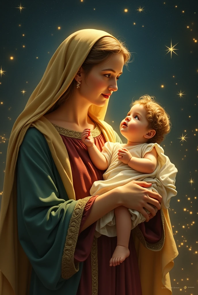 Mary holding the baby Jesus, with José by his side, both illuminated by a soft golden glow. Ao fundo, small shooting stars cross the sky, as if they were dancing.