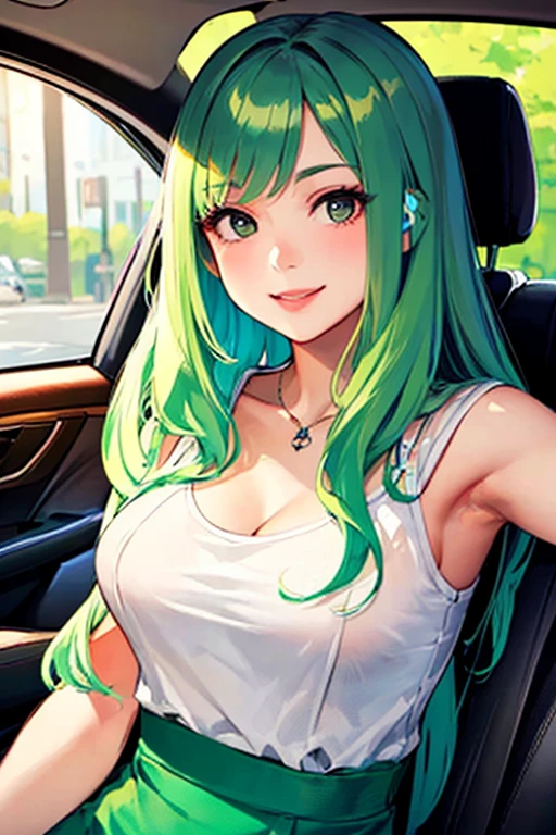 ((masterpiece)), (((best quality))), chromatic lighting,
colorized, green + white limited color palette, 
detailed concept drawing,
Street Fashion, inside a car,
portrait, 20yo 1girl, medium soft breasts, slender, long green hair, black eyes, smiling, no weird objects or colors on the face