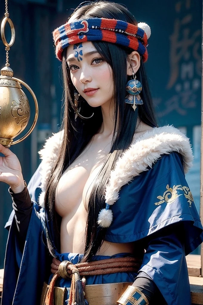 ((Shaman、nationality、:1.2)) ,Create dystopian masterpiece, There is a sense of expectation, Beautiful woman, skinny, Long black hair, Detailed face, smile, To the camera, Age 25、(anime:1.3)、Fantasy,Wooden chest pad