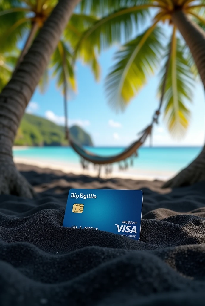 A visa card in the black sand of a beach in Tahiti with coconut trees and a hammock
