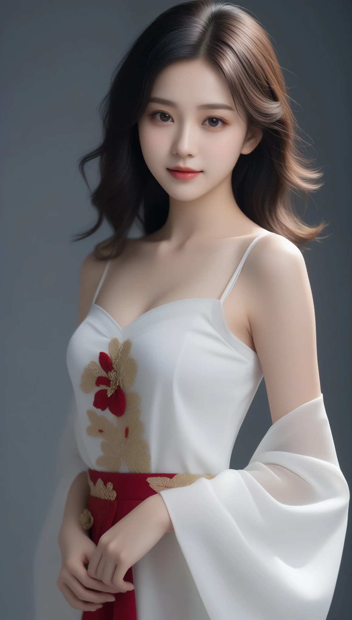 8k, Ultra-high resolution, Highest quality, masterpiece, 三分割法によるphotograph,Surreal, photograph, 1 Girl, (16 years old:1.3), pretty girl, Cute Face, 細部までBeautiful Eyes, 細かくdetailedに,masterpiece,One Girl:1.2,Japanese female announcer,close up,smile,Black Hair,Loose curly hair, (Beautiful attention to detail),Subtle details, detailedな顔, smile,Attractive girl,(女の子のポートレートphotograph:1.4),(Photorealistic images:1.4),Fantasy art,Gray background,(Beautiful Face:1.4),Beautiful and attractive eyes、Beautiful Eyes、(Tight waist:1.4)、(Beautiful girl with perfect body proportions:1.4),Red lips,Looking at the audience,(((Ideal body type))),A-cup small breasts :2,、Portraiture:2、Perfect Anatomy、鮮明なdetailed、detailed,Fashion magazine cover,Thin lips,完璧でBeautiful Face ,完璧でCute Face, Skin with attention to detail, Perfect limbs、Narrow waist,Surreal,Light and shadow,stage lights