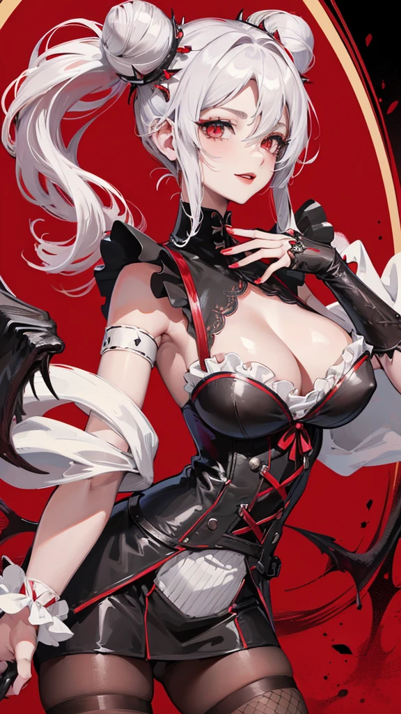 1 girl, anime, masterpiece, best quality, intricate details, futuristic setting, red and white hair, smirk, elegant, maid uniform, demon horns, bun, spiked bracelets, red lipstick, gothic aesthetic, tall, curvy, confident pose, black maid dress, corset, fishnet stockings, short hair, bat wings