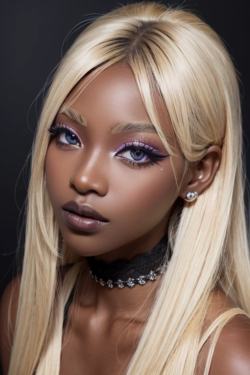 best quality, masterpiece, highres, (detailed:1.4), 1 girl, blonde hair, (dark skin:1.3), extremally thin eyebrows , thick bluish eyeshadow, thick black eyeliner, Highlighted eyes with eyeliner, false eyelashes