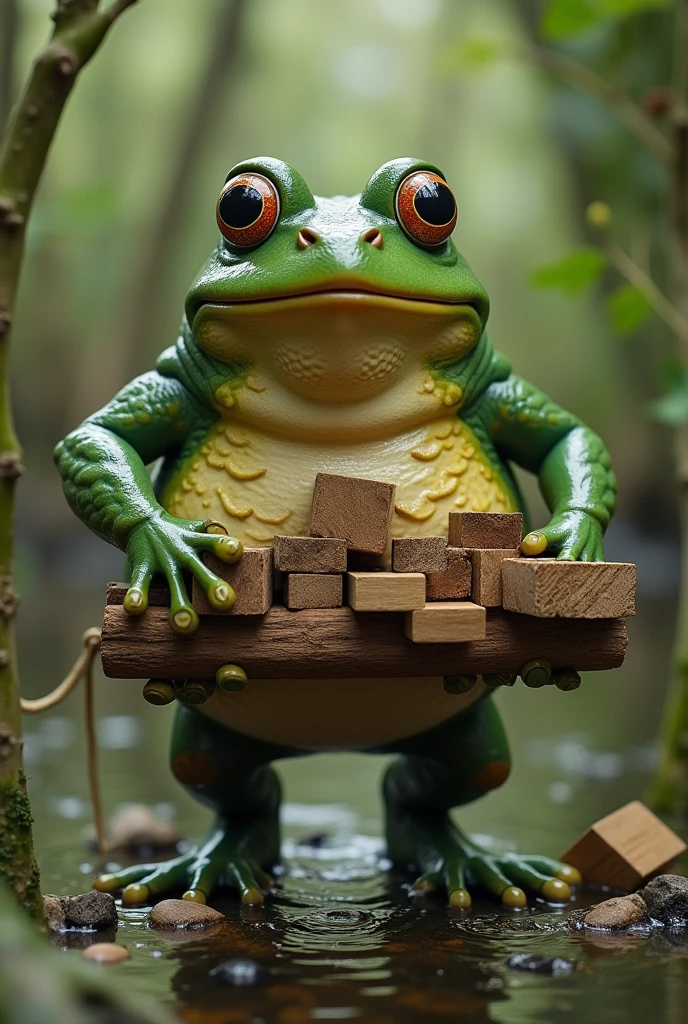 Very fat frog carrying wooden blocks to build a stage in a swamp. Put a lot of details in the scene