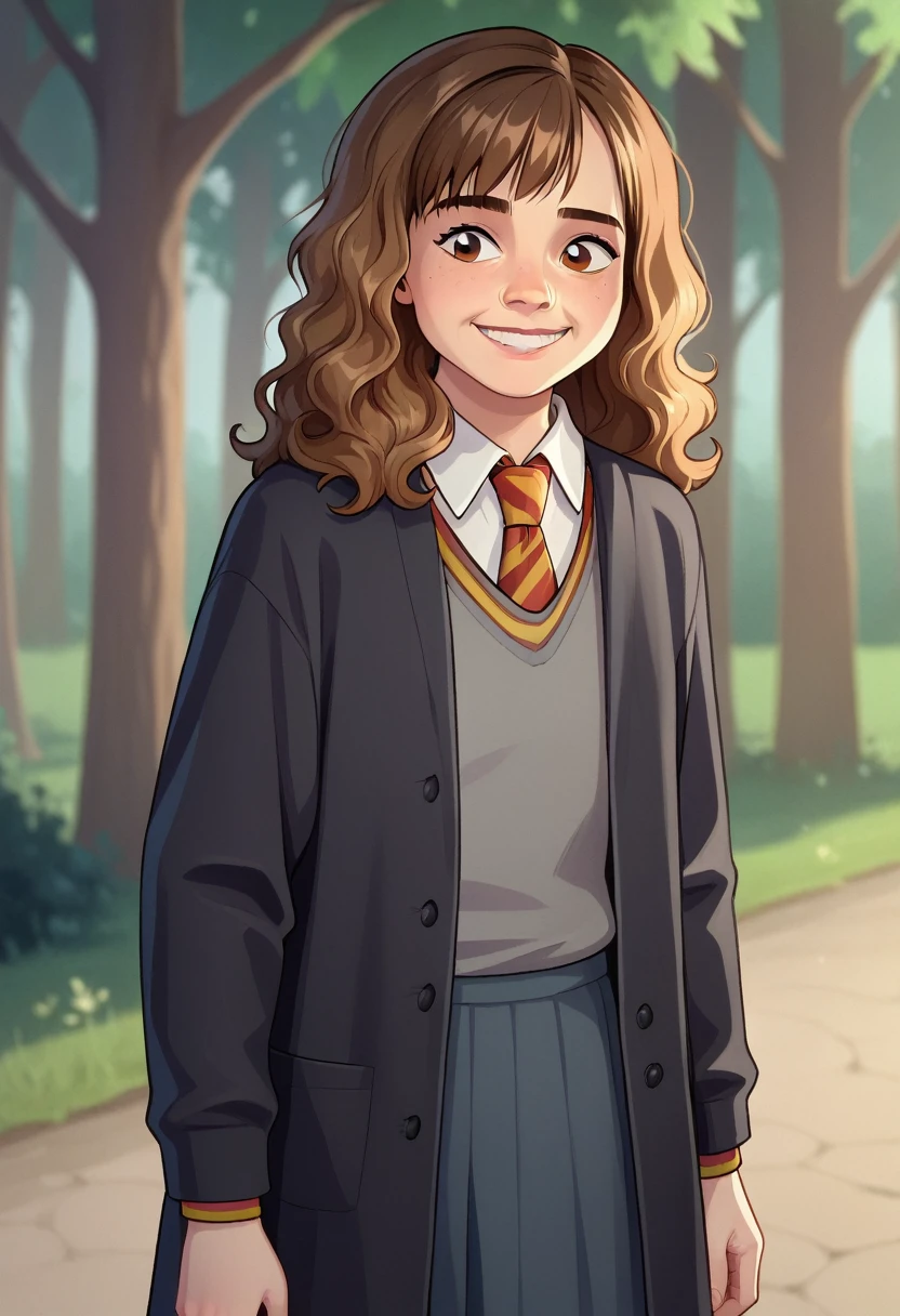 score_8_up, BREAK, HERMIONEGRANGER, 1girl, solo,  brown hair, medium hair, brown eyes, hogwarts school uniform, black coat, necktie, skirt, depth of field,   outdoors, aged up, smiling,