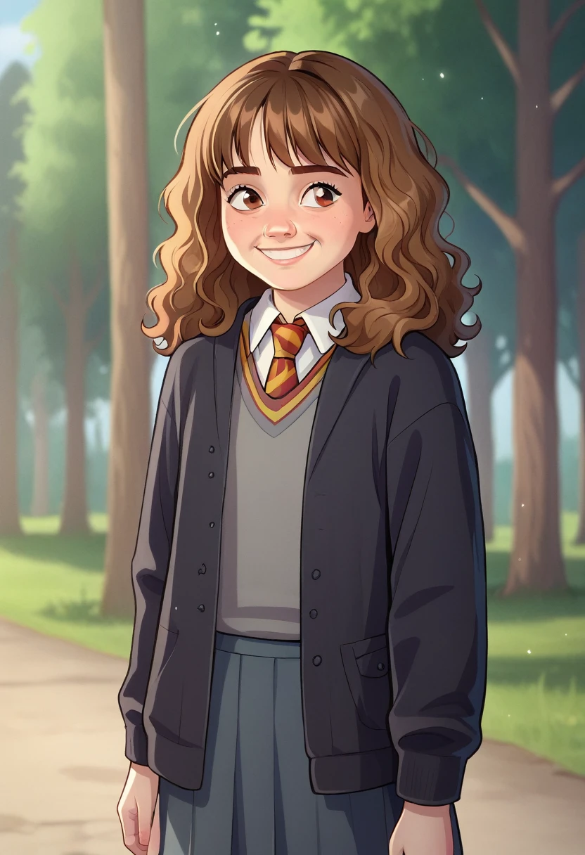 score_8_up, BREAK, HERMIONEGRANGER, 1girl, solo,  brown hair, medium hair, brown eyes, hogwarts school uniform, black coat, necktie, skirt, depth of field,   outdoors, aged up, smiling,