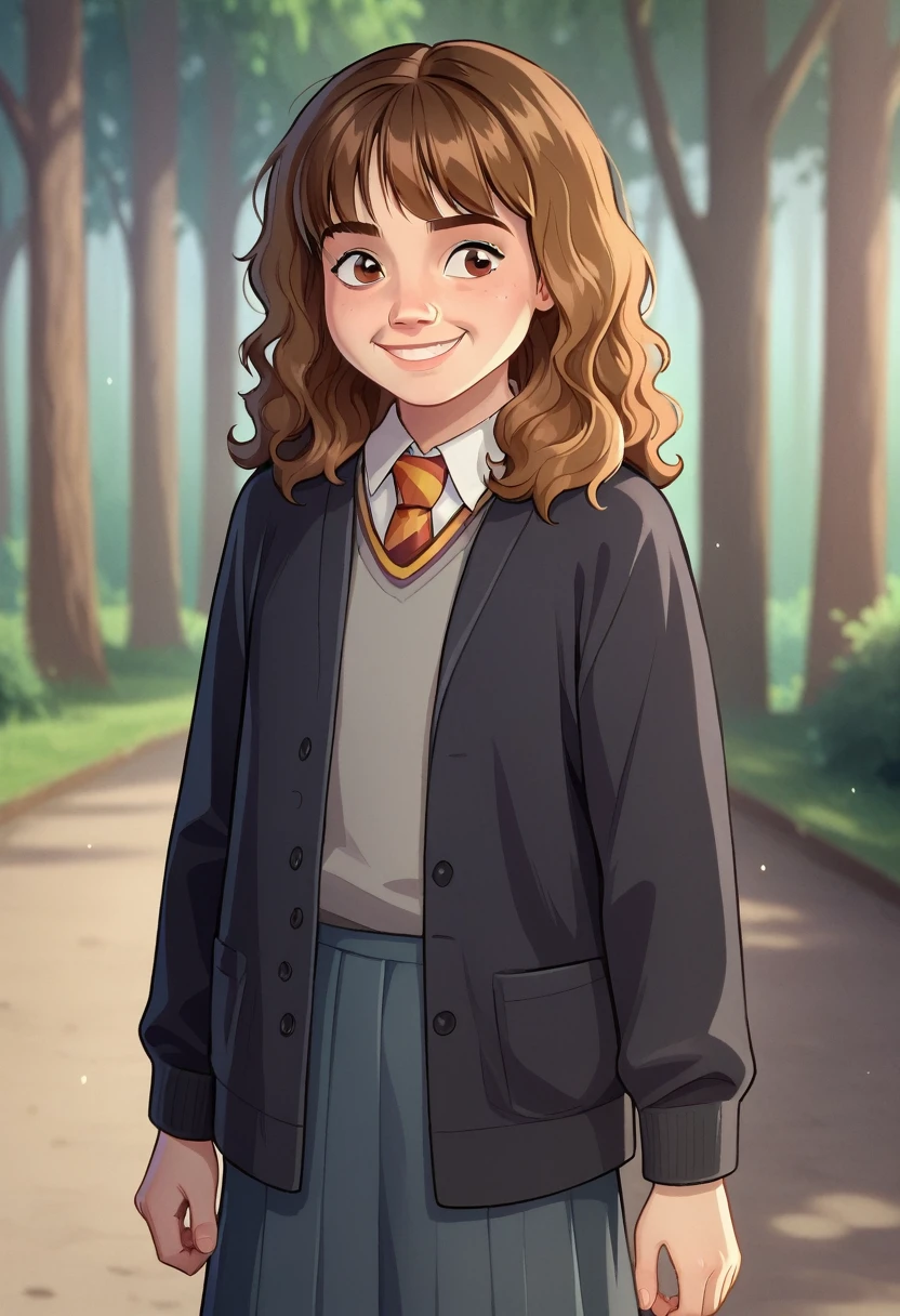 score_8_up, BREAK, HERMIONEGRANGER, 1girl, solo, brown hair, medium hair, brown eyes, hogwarts school uniform, black coat, necktie, skirt, depth of field, outdoors, aged up, smiling,
