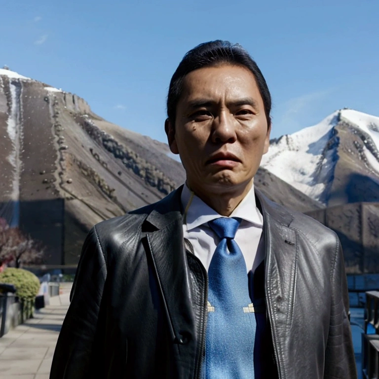 inogashira_goro, walking, Black Leather Jacket, suits, city, mountain, blue sky, 