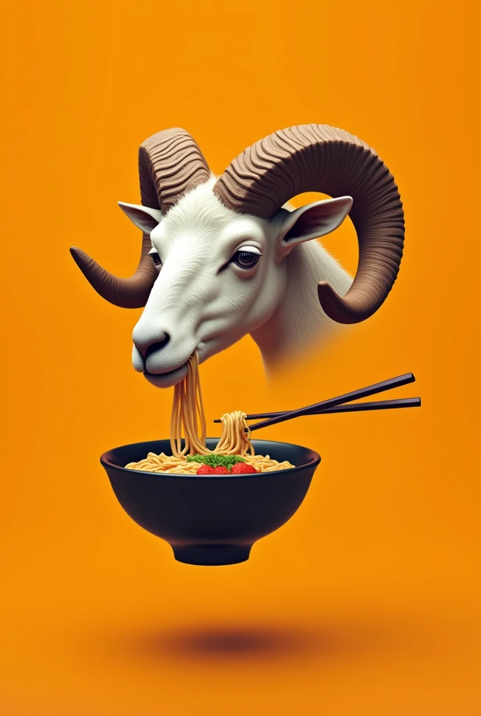Floating head drawing of a ram without a body, slightly sideways, With horns, with eyes closed, eating ramen with chopsticks, on an orange background 