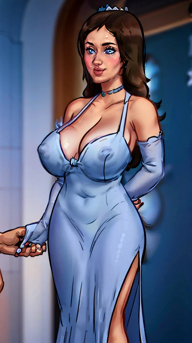 rosalina, crown, red dress, long dress, strapless dress, backless dress, long white elbow gloves, smile, light red lipstick, dark blue eye shadow, makeup, black choker, cowboy shot, (((gigantic breasts))), (((cleavage Focus))), (a man's hand pulling down her dress to see her breasts), (man's hand exposing her breasts), (man undressing Rosalina breasts), (they seek to bare their breasts), (man baring his tits)