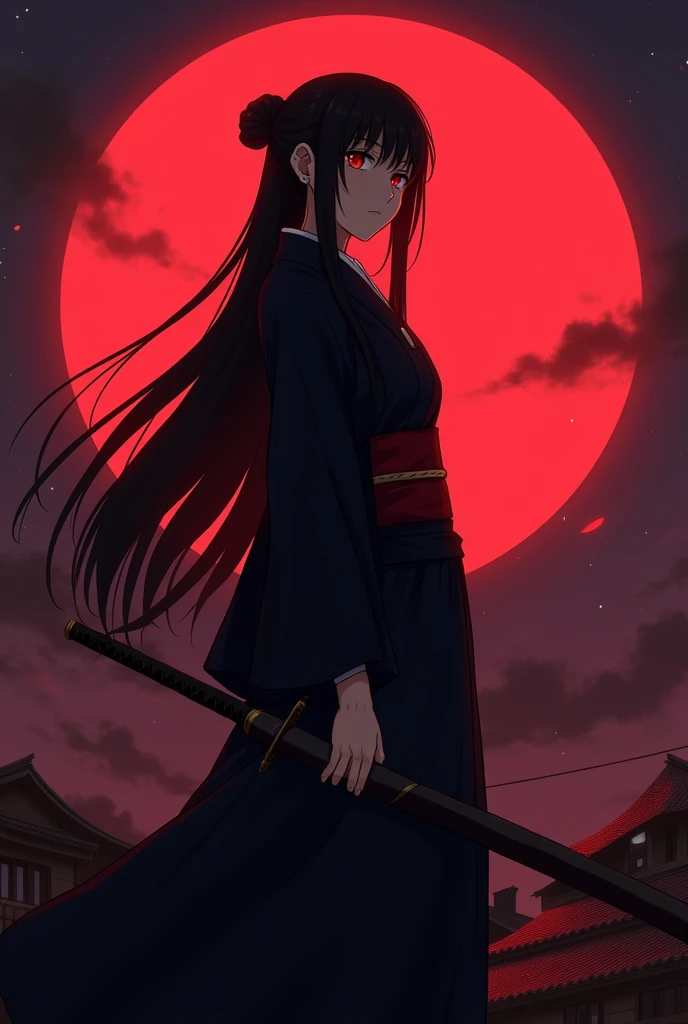 Long Black Hair、Hair tied up、15 years old、woman、kimono、The background is a large red crescent moon、On the roof of an old building、Too much exposure、Red eyes、Cold look、profile、Anime Style、Black Haori、Belt around the waist、Looking this way、Holding a long sword in a sheath、Big Breasts